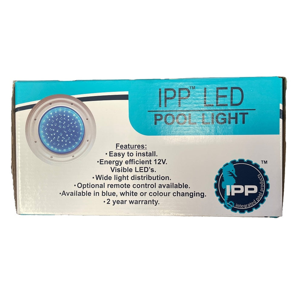 IPP LED pool light retail box in teal and white showing round blue LED fixture with product features listed on front panel