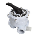 White plastic 6-way 5-port multiport valve with black rotary handle and threaded pipe connections for pool filter systems