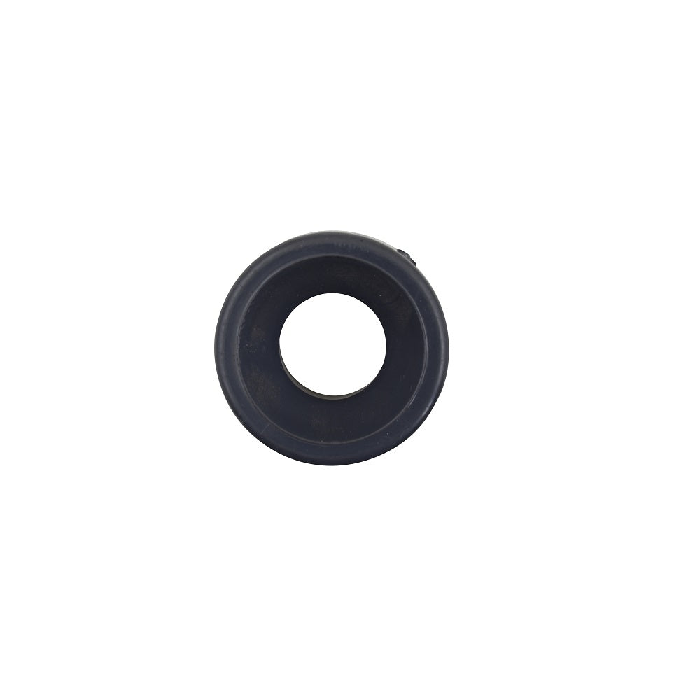 Black PVC reducer grommet 50mm to 25mm with circular centre hole, flat ring profile, front view on white background