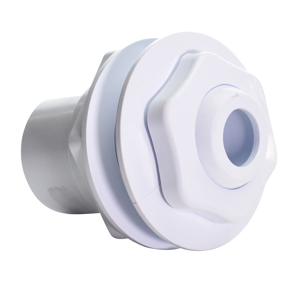 White plastic pool return jet fitting with scalloped face plate, central nozzle opening, and grey PVC glue socket tail