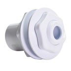 White plastic pool return jet fitting with scalloped face plate, central nozzle opening, and grey PVC glue socket tail