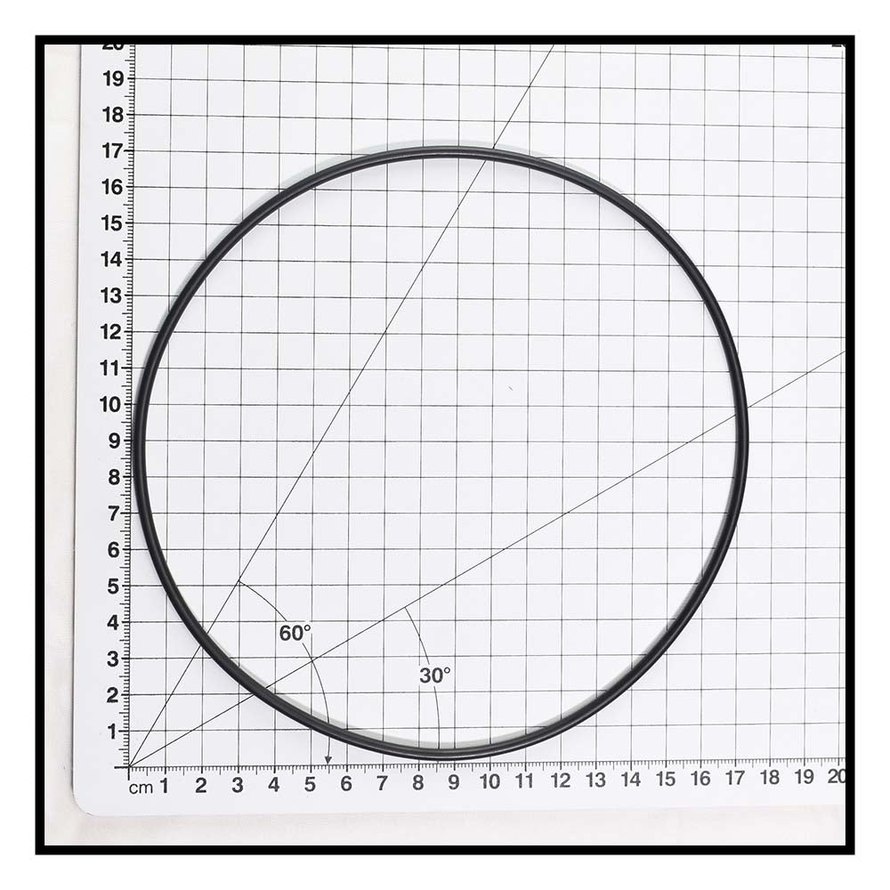 Black rubber O-ring approximately 15cm diameter shown on metric grid measuring mat with angle reference lines