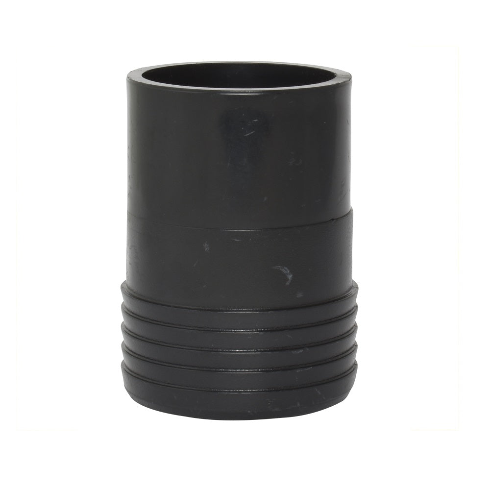 Black plastic poly-to-PVC pipe fitting 50mm with ribbed base and open socket end for hose connection