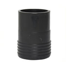Black plastic poly-to-PVC pipe fitting 50mm with ribbed base and open socket end for hose connection