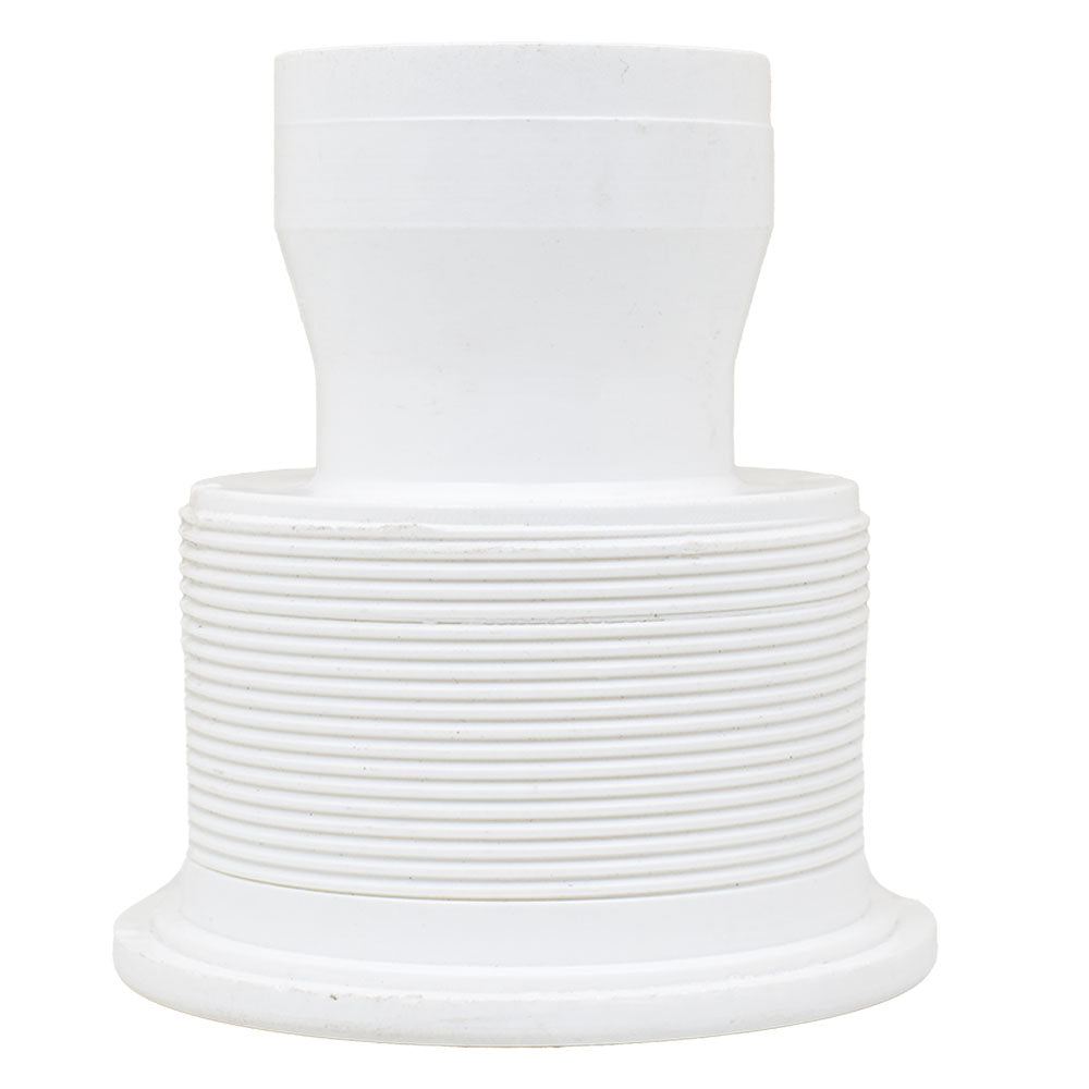 White plastic Gunite spa jet P30 with ribbed cylindrical base and tapered nozzle fitting on white background