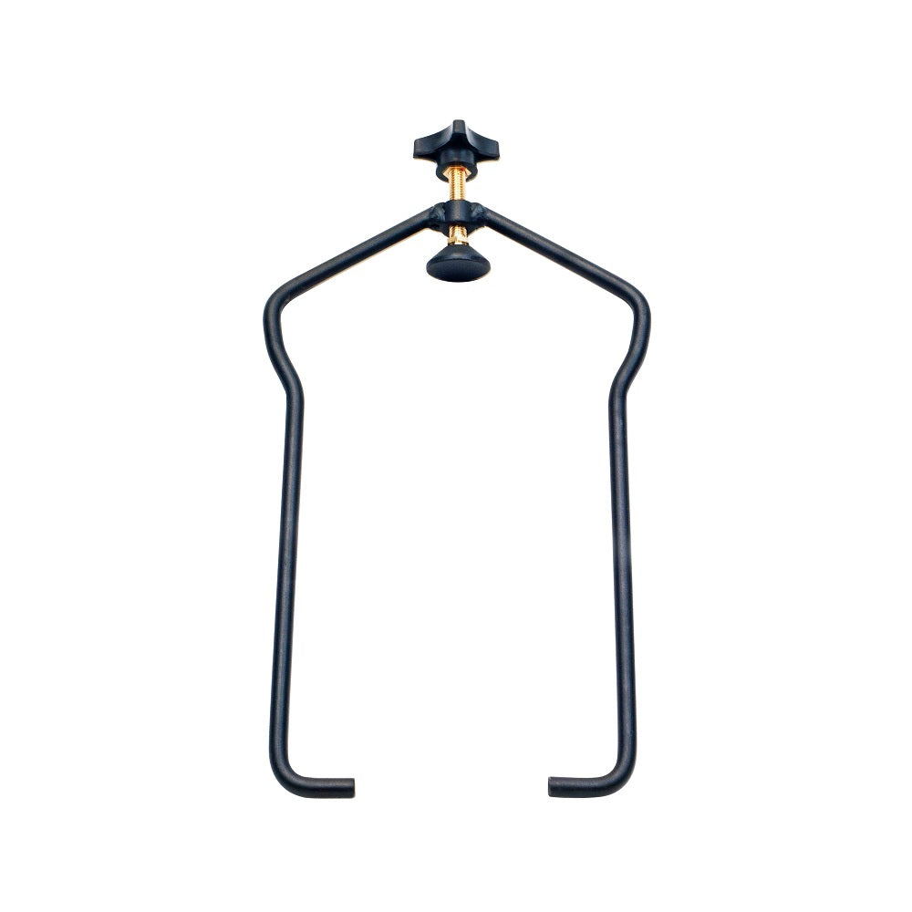 Black metal pump clamp with U-shaped wire frame, gold brass threaded bolt and star knob tightening mechanism