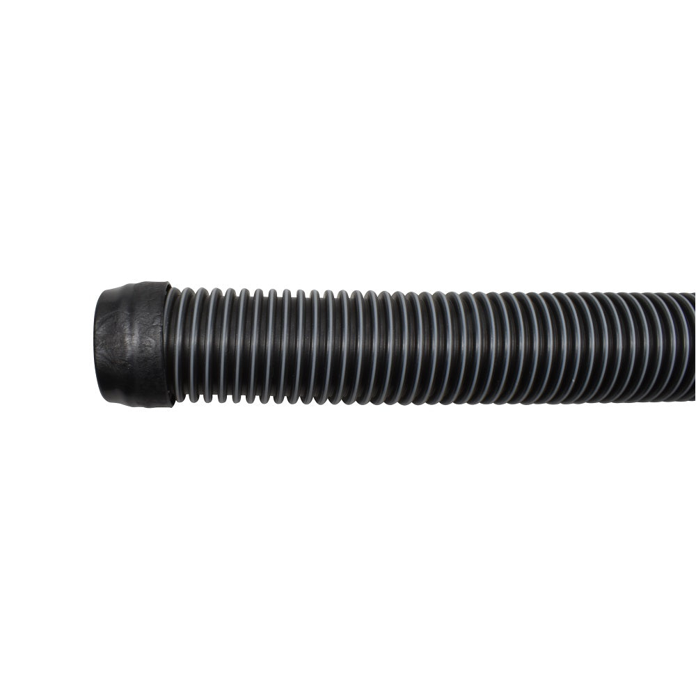 Black corrugated flexible vacuum hose with ribbed spiral design and moulded end fitting for pool cleaner
