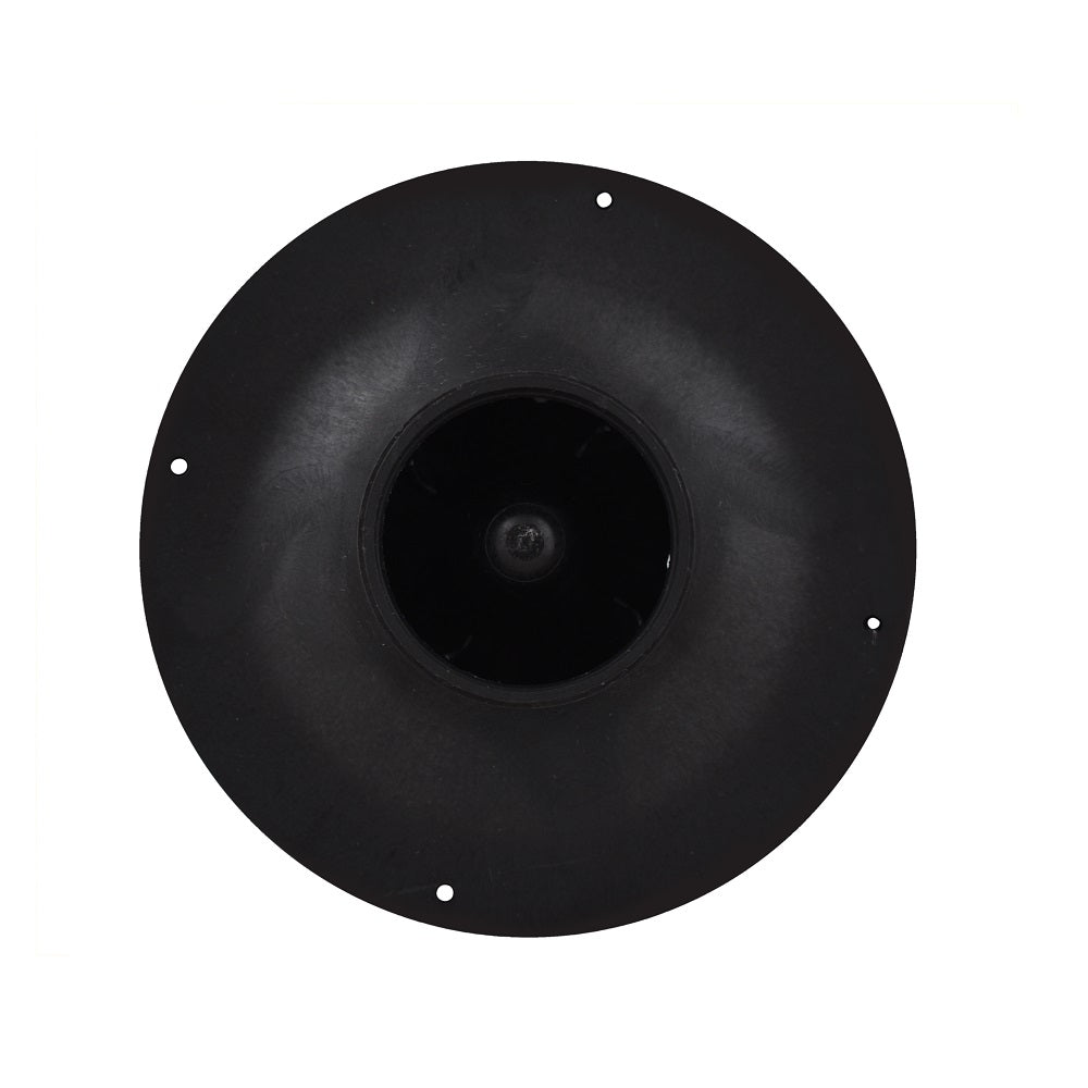 Black plastic centrifugal pump impeller with curved vanes, central hub, and four mounting holes, front view — 1.1kW Eartheco replacement part