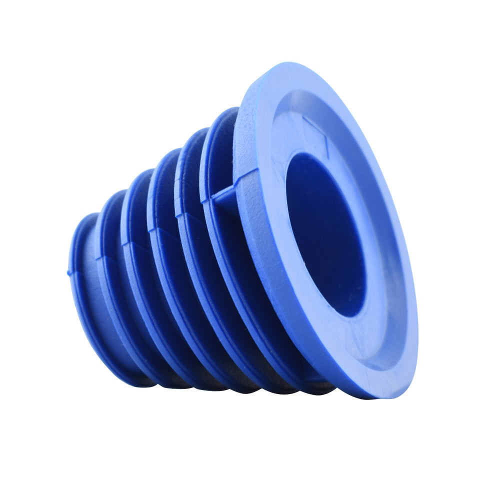 Blue rubber pool cleaner weir adaptor with ribbed conical body and circular opening, isolated on white background