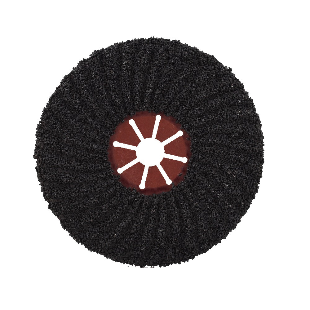 Black semi-flex sanding disc with coarse abrasive surface, radial ribbed pattern and red centre hub with white spoke design