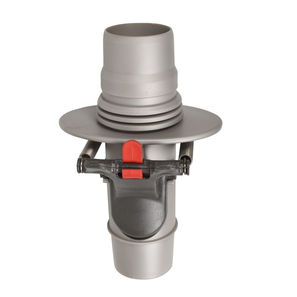 Grey plastic pool cleaner regulator valve with wide flange collar, spring-loaded clamp mechanism and red release button