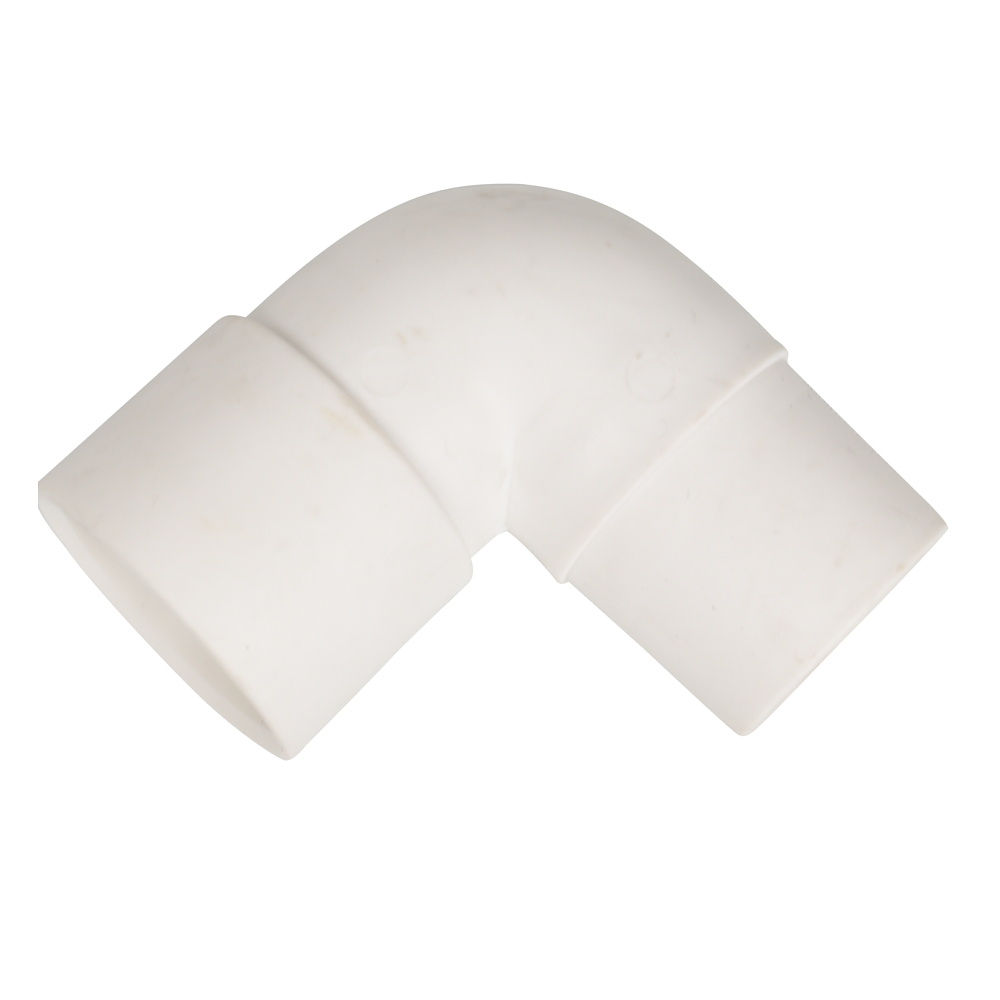 White rubber 90-degree elbow pipe fitting with smooth curved bend and two open socket ends