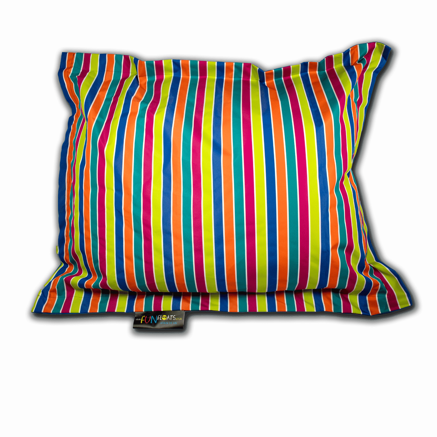 Aqua Pro Pool Pillow in vibrant multicolour vertical stripes of orange, pink, teal, blue and lime on white background