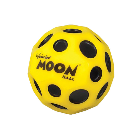 Yellow Waboba Moon Ball with black crater-style dimples, foam bounce ball on white background