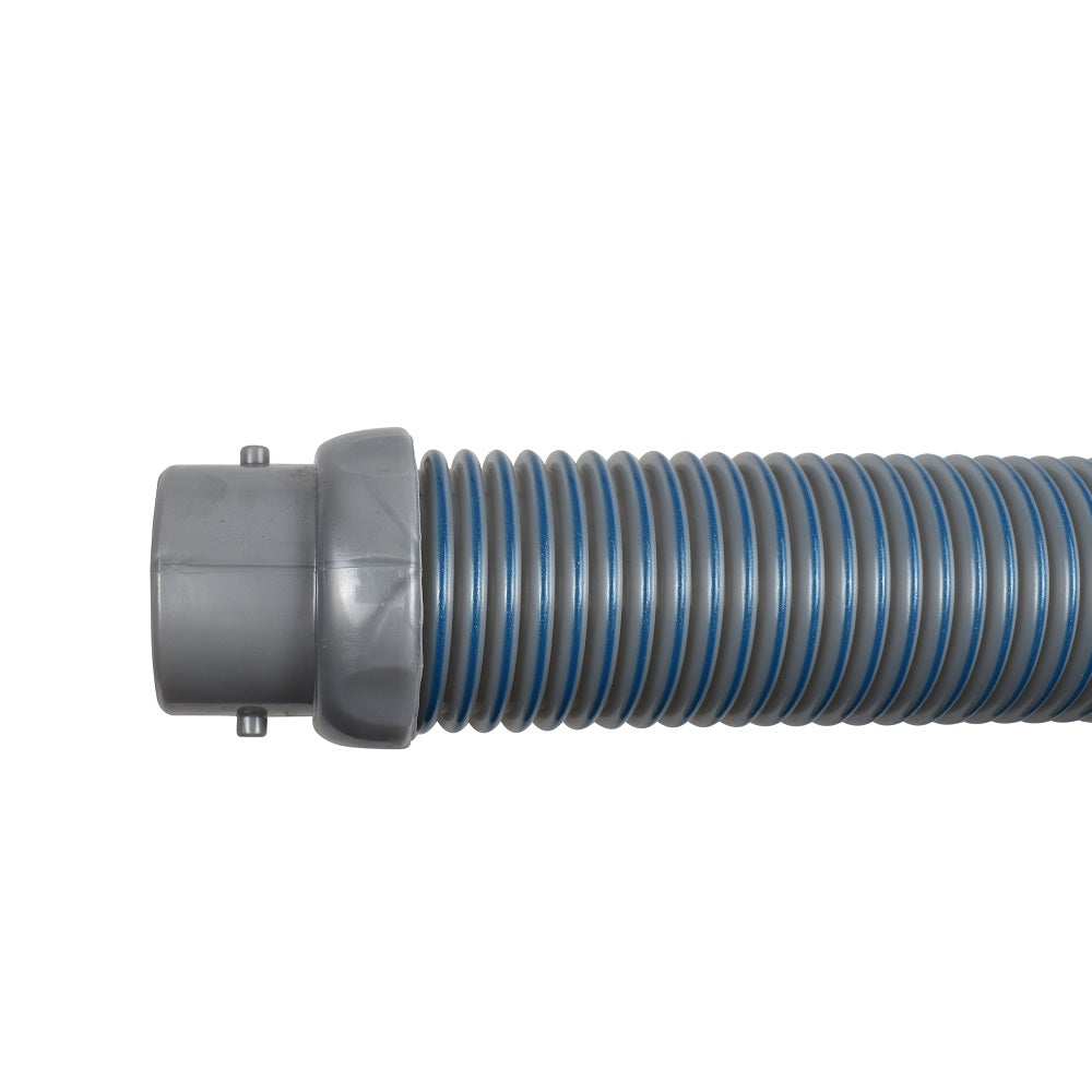 Grey and blue spiral pool cleaner hose with twist-lock plastic connector fitting, flexible corrugated design