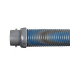 Grey and blue spiral pool cleaner hose with twist-lock plastic connector fitting, flexible corrugated design