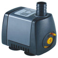 Submersible water pump dark grey plastic body with top outlet nozzle and yellow flow adjuster dial on side
