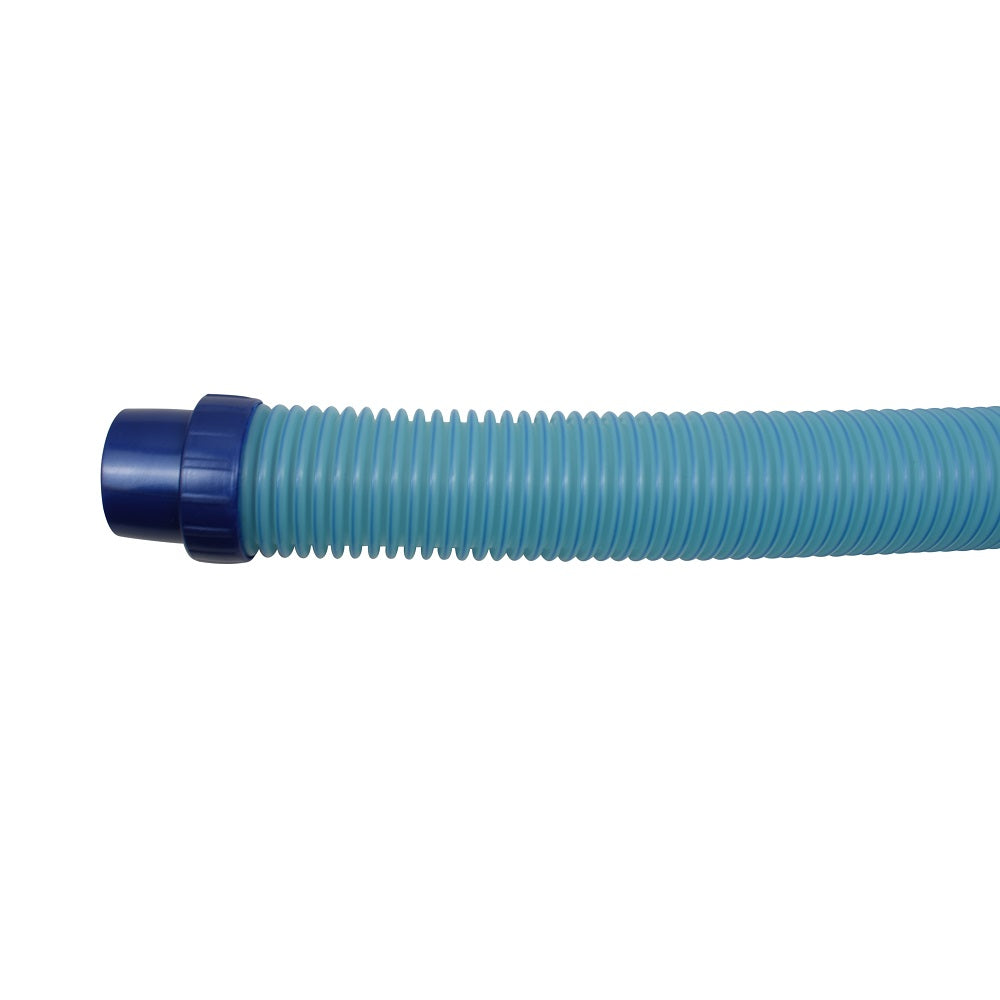 Pool cleaner hose translucent light blue corrugated flexible tubing with dark navy blue threaded connector end