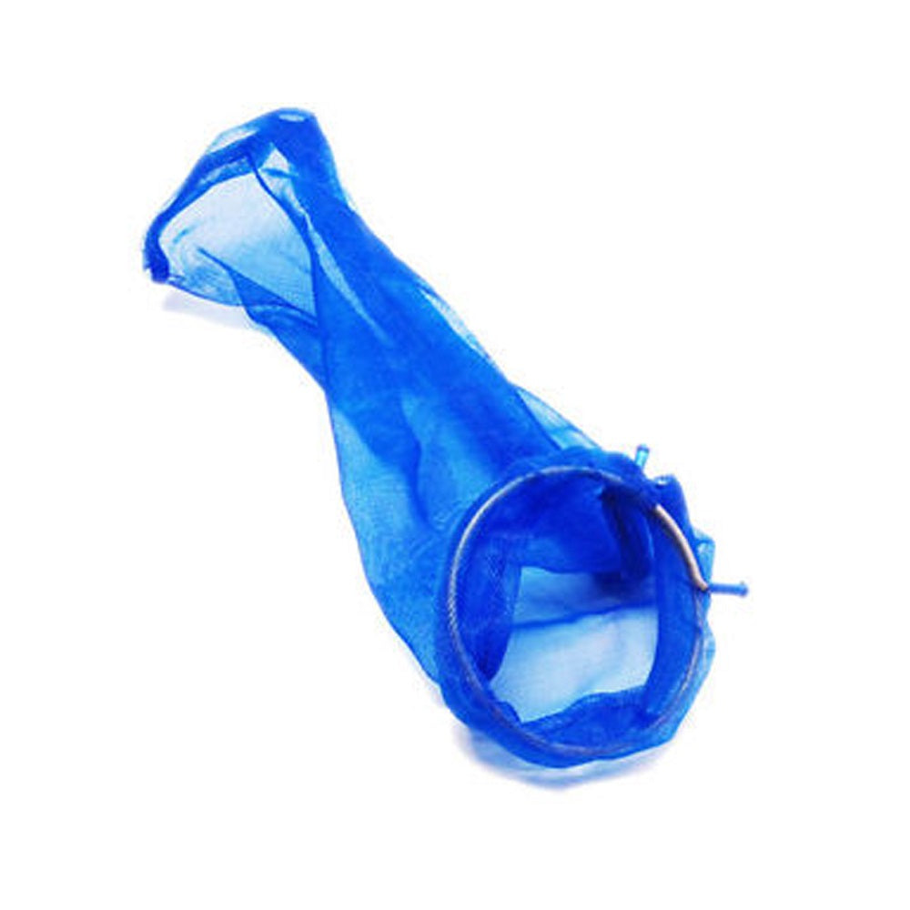 Blue fine-mesh pool skimmer replacement bag with metal ring opening and blue clip fastener