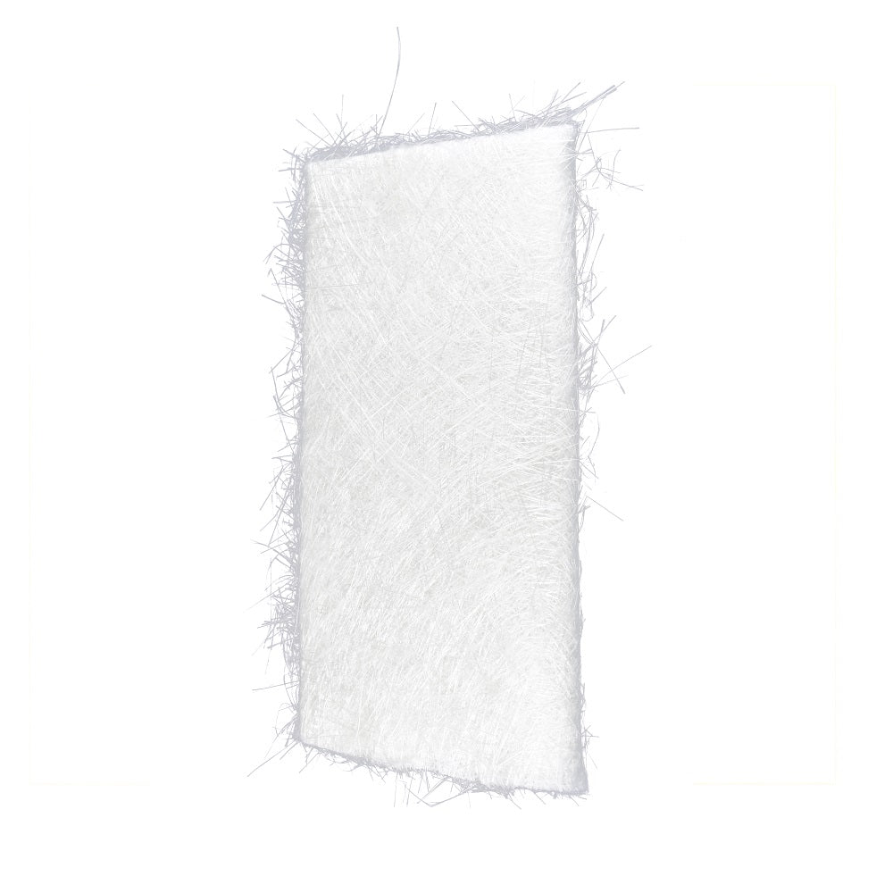 White fiberglass chopped strand mat 300gsm with frayed edges, randomly oriented glass fibres, approximately 1 square metre sheet