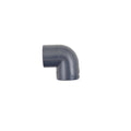 Grey PVC 90-degree elbow pipe fitting with socket ends, 20mm, smooth curved bend with embossed markings on body