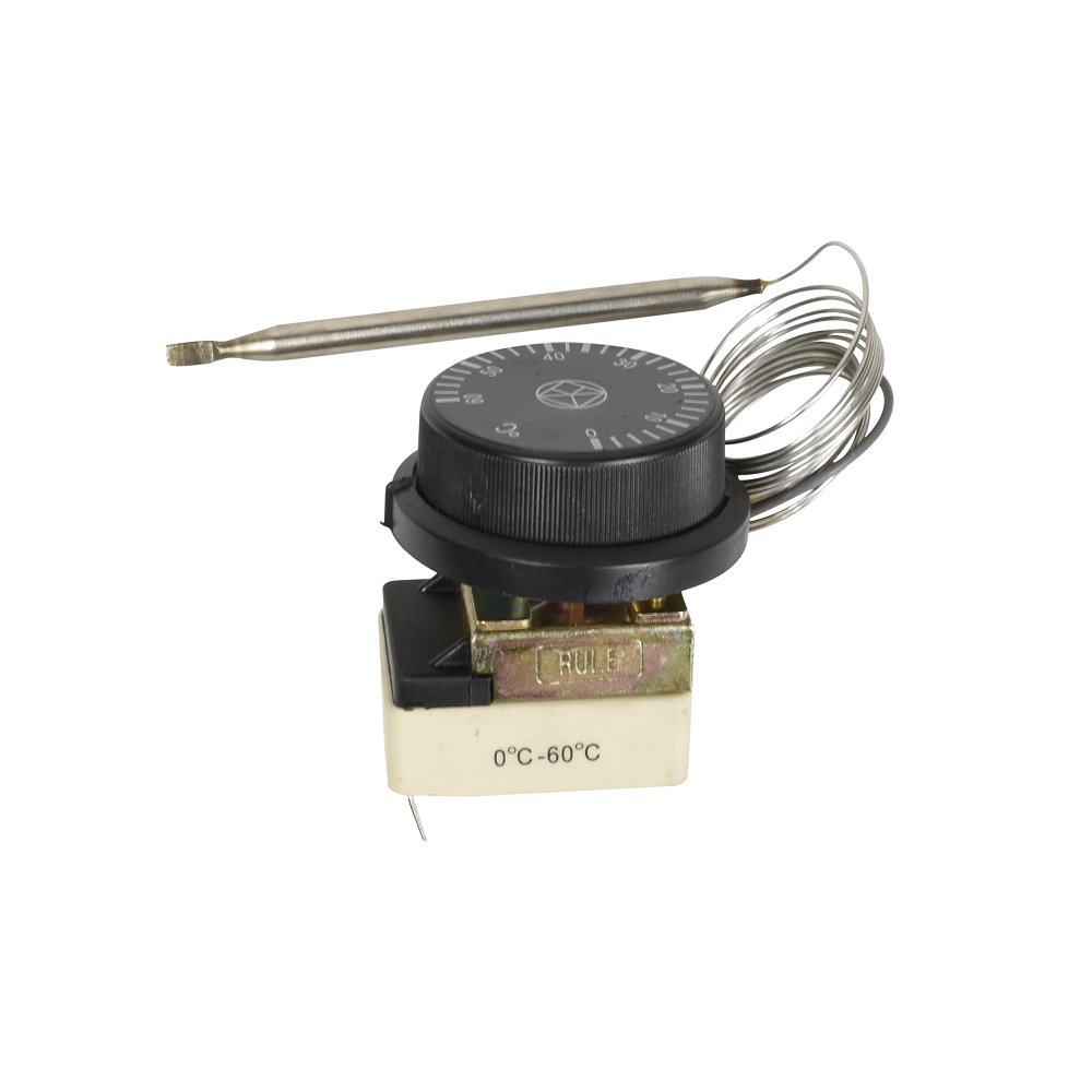 Capillary thermostat with black dial knob, metal body, 0°C–60°C range, and stainless steel sensing probe with coiled capillary tube