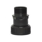 Black plastic pipe union fitting with male threaded top, flanged collar, and ribbed knurled locking nut base for pool filter connection