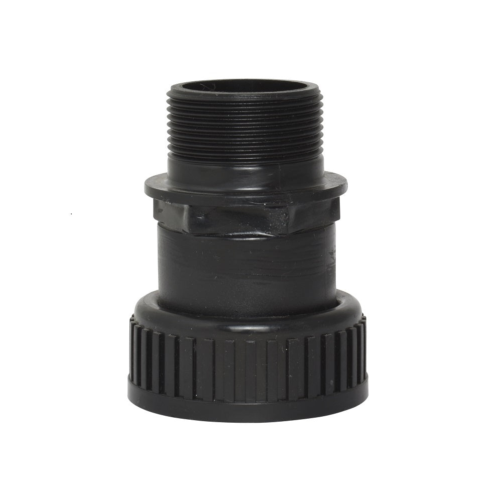 Black plastic pipe union fitting with male threaded top, flanged collar, and ribbed knurled locking nut base for pool filter connection