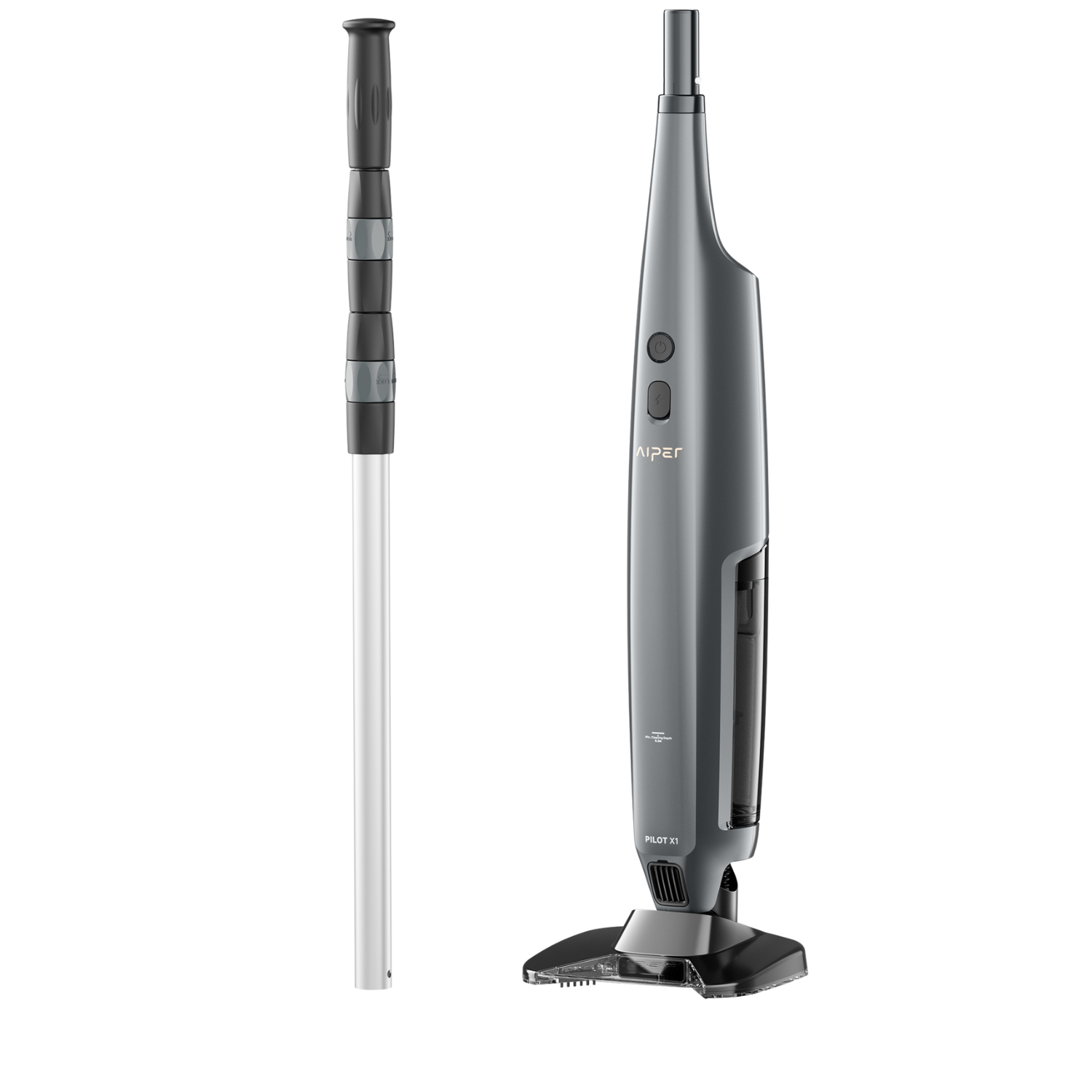 Aiper Pilot X1 handheld pool vacuum in grey, shown beside its detachable telescopic aluminium pole on white background