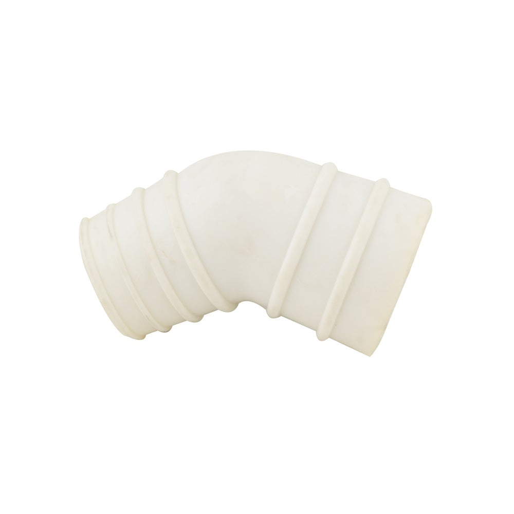 White rubber 45-degree elbow pipe adaptor with ribbed ends and smooth curved bend