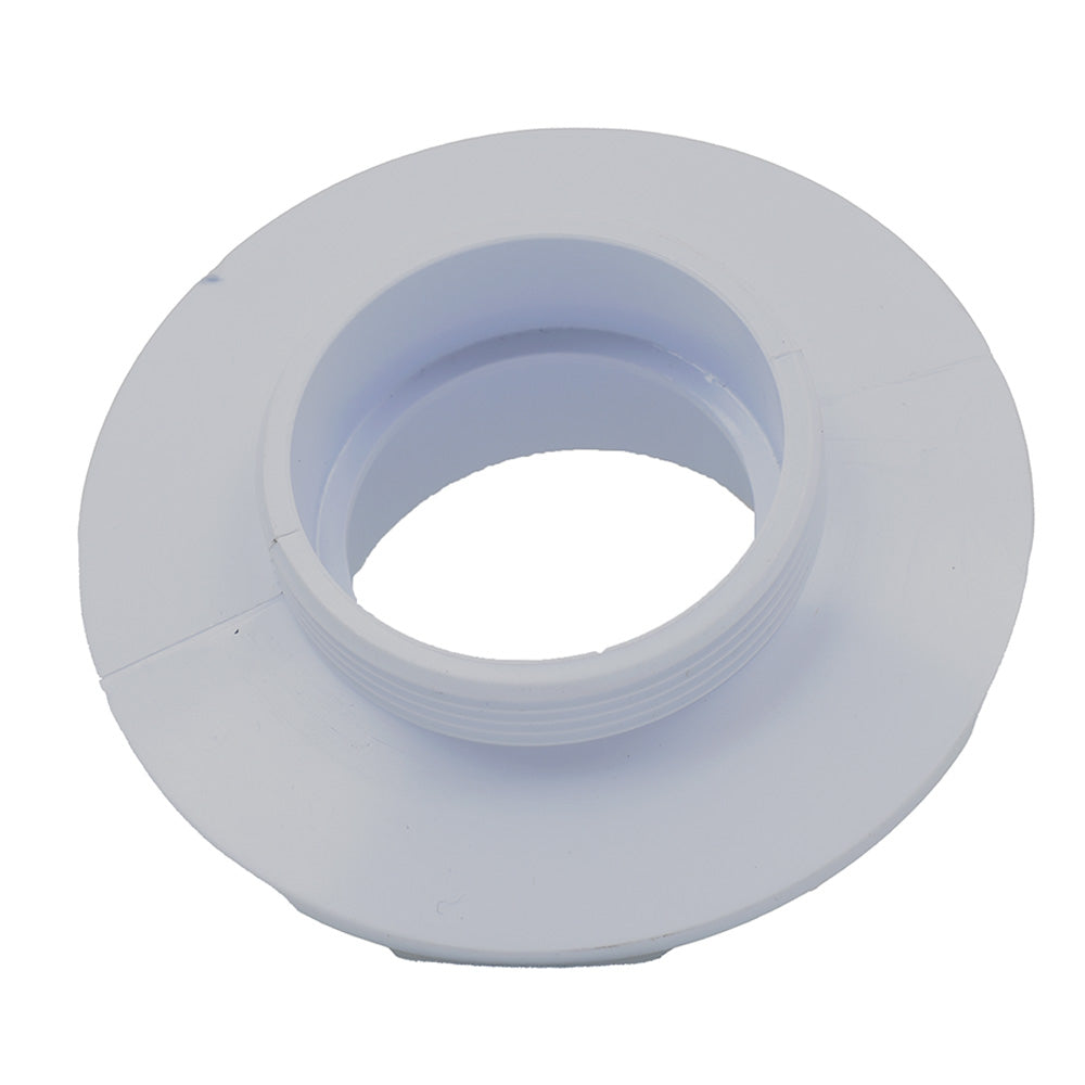 White PVC pipe flange with threaded collar and wide circular base for Aimflow Eartheco equipment fitting
