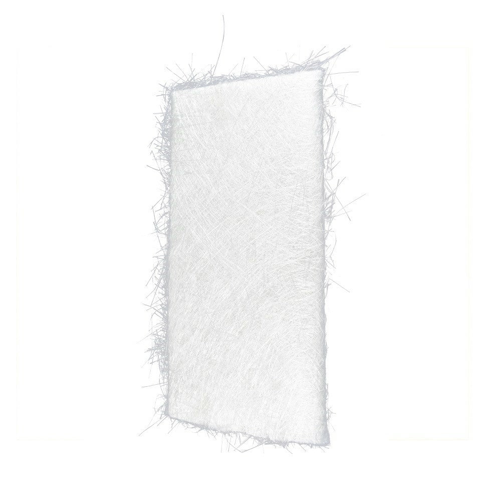 White fibreglass chopped strand mat 450g by Aqua Pro, rectangular piece with frayed fibre edges on white background