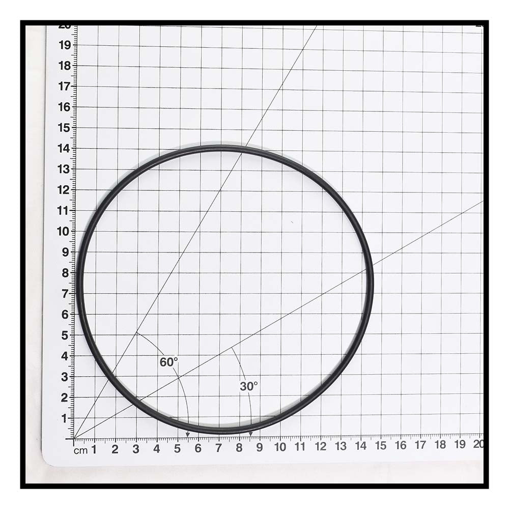 Black rubber O-ring approximately 13cm diameter shown against metric grid measurement mat for multiport valve filter seal sizing reference