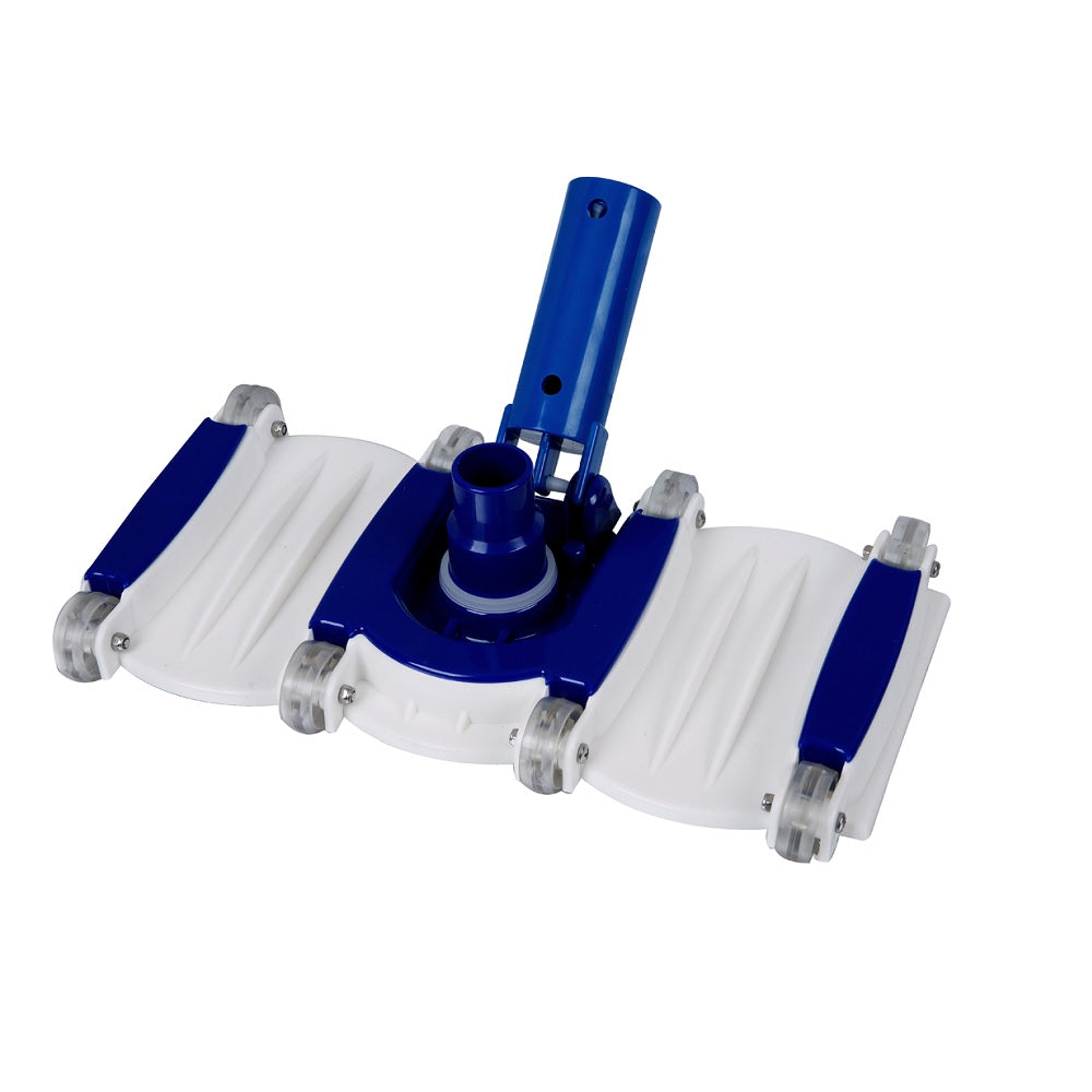 Pool vacuum head white and blue plastic with 8 clear wheels, hinged side flaps, and blue swivel connector fitting