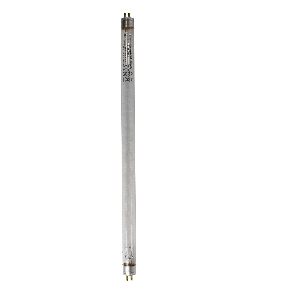 Ultra Zap 8W UV replacement fluorescent tube lamp, clear glass with gold bi-pin end caps, slim T5 style