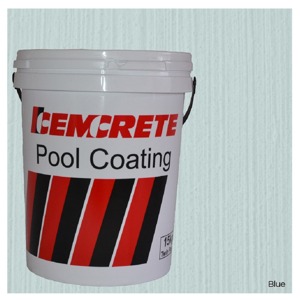 Cemcrete Pool Coating 15kg white plastic bucket with metal handle, red and black striped label, blue colour variant