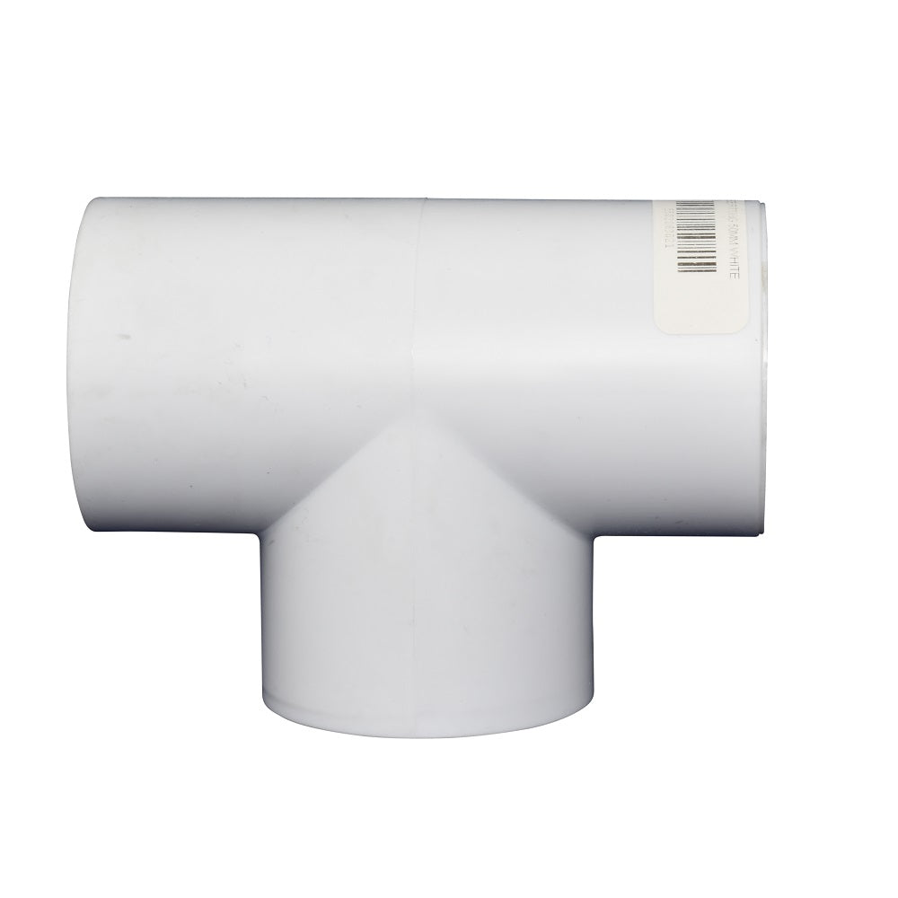 White PVC T-piece pipe fitting 50mm with three socket openings and barcode label on white background
