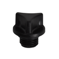 Black plastic threaded plug with star-shaped knob top, ribbed cylindrical base and external male thread for 1/4 inch fitting