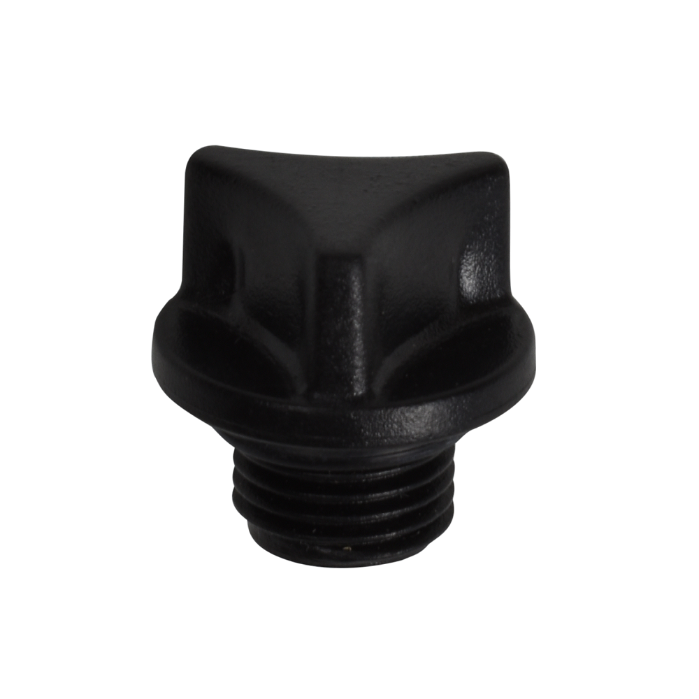Black plastic threaded plug with star-shaped knob top, ribbed cylindrical base and external male thread for 1/4 inch fitting