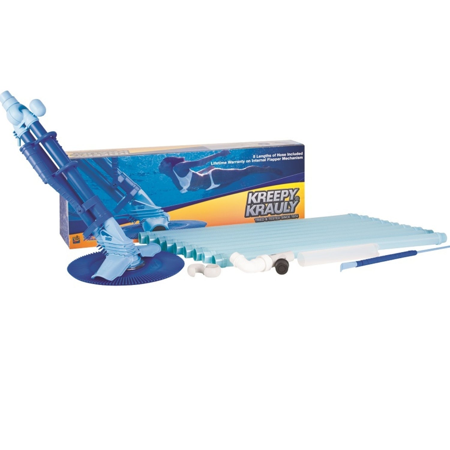 Kreepy Krauly automatic pool cleaner in blue with suction head, hose lengths, fittings and branded retail box