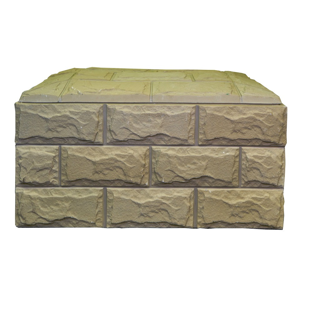 Fibreglass pump box cladding in sandy beige with textured ashlar stone pattern, grey mortar joints, flat cap top, 1200x700x800mm
