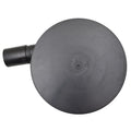 Black plastic koi pond bottom drain with circular disc base and 50mm cylindrical outlet pipe, top-down view