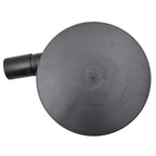 Black plastic koi pond bottom drain with circular disc base and 50mm cylindrical outlet pipe, top-down view