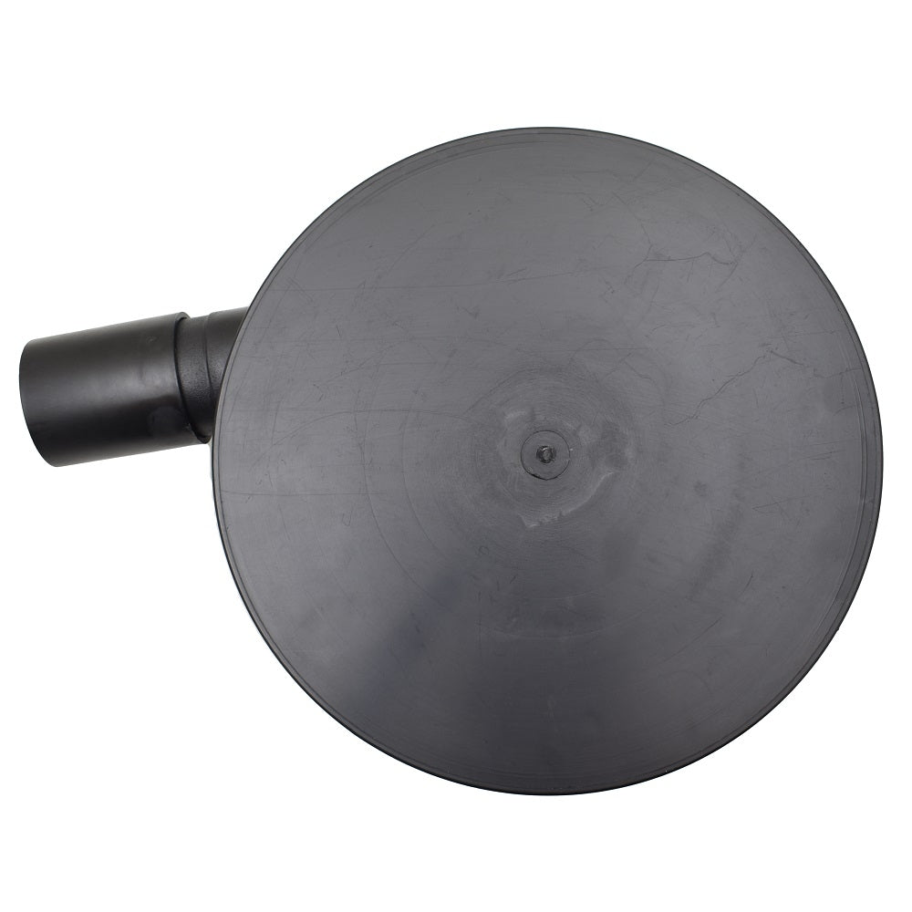 Black plastic koi pond bottom drain with circular disc base and 50mm cylindrical outlet pipe, top-down view