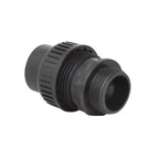 Black plastic 40mm union fitting with ribbed locking collar and male threaded end for pump connection