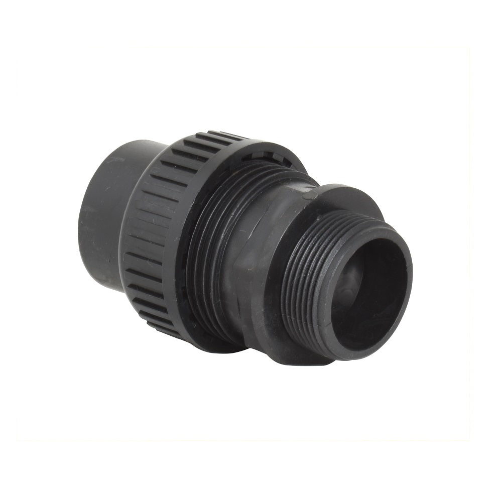 Black plastic 40mm union fitting with ribbed locking collar and male threaded end for pump connection