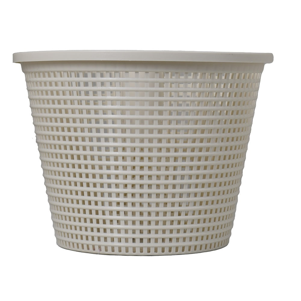 White plastic pool skimmer basket with tapered cylindrical shape and fine rectangular mesh grid pattern throughout