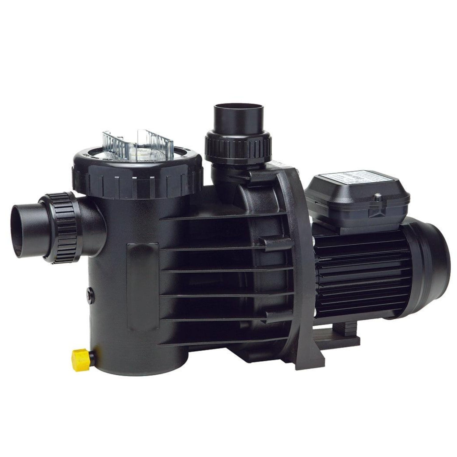 Speck Magic 6 pool pump and motor in black with clear strainer lid, inlet/outlet ports, and yellow drain plug