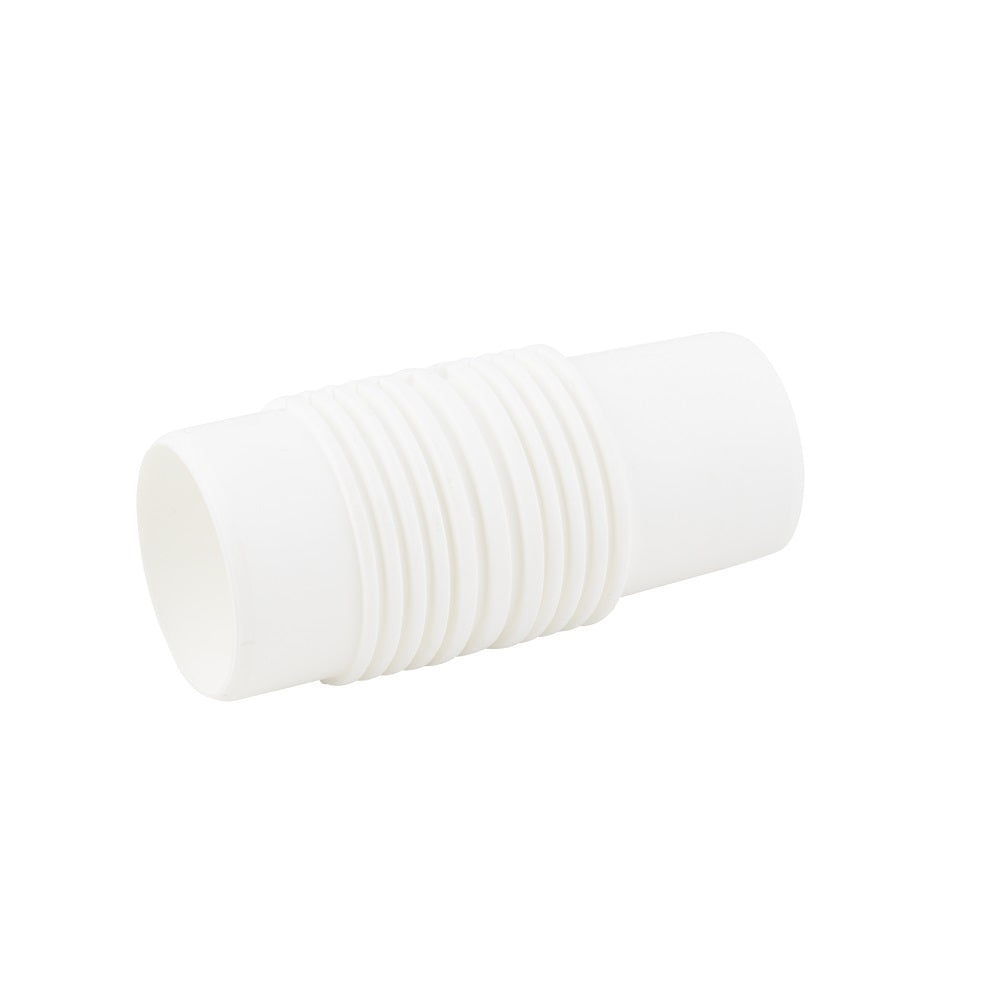 White plastic universal hose connector with ribbed flexible midsection and smooth open ends for vacuum cleaner hose fitting
