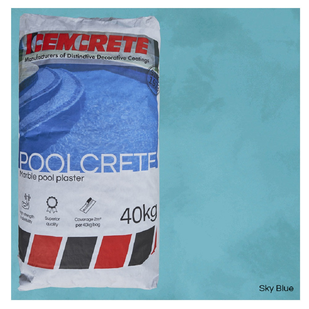 Cemcrete Poolcrete marble pool plaster 40kg bag in Sky Blue with red and grey striped base panel
